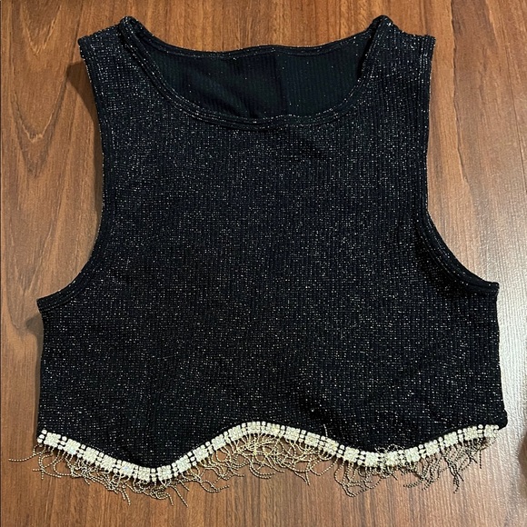 Tops - Elegant Black Sleeveless Top with Fringe Detail